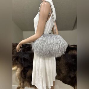 Gray Handmade Genuine Mongolian Lamb Fur Kisslock Clutch/Shoulder Bag/Crossbody
